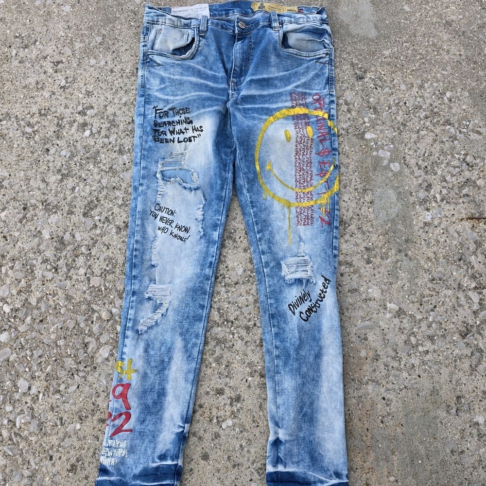 Industrial Indigo Skinny Comfort Stretch Graffiti Destructed Blue Jean W36/L33
